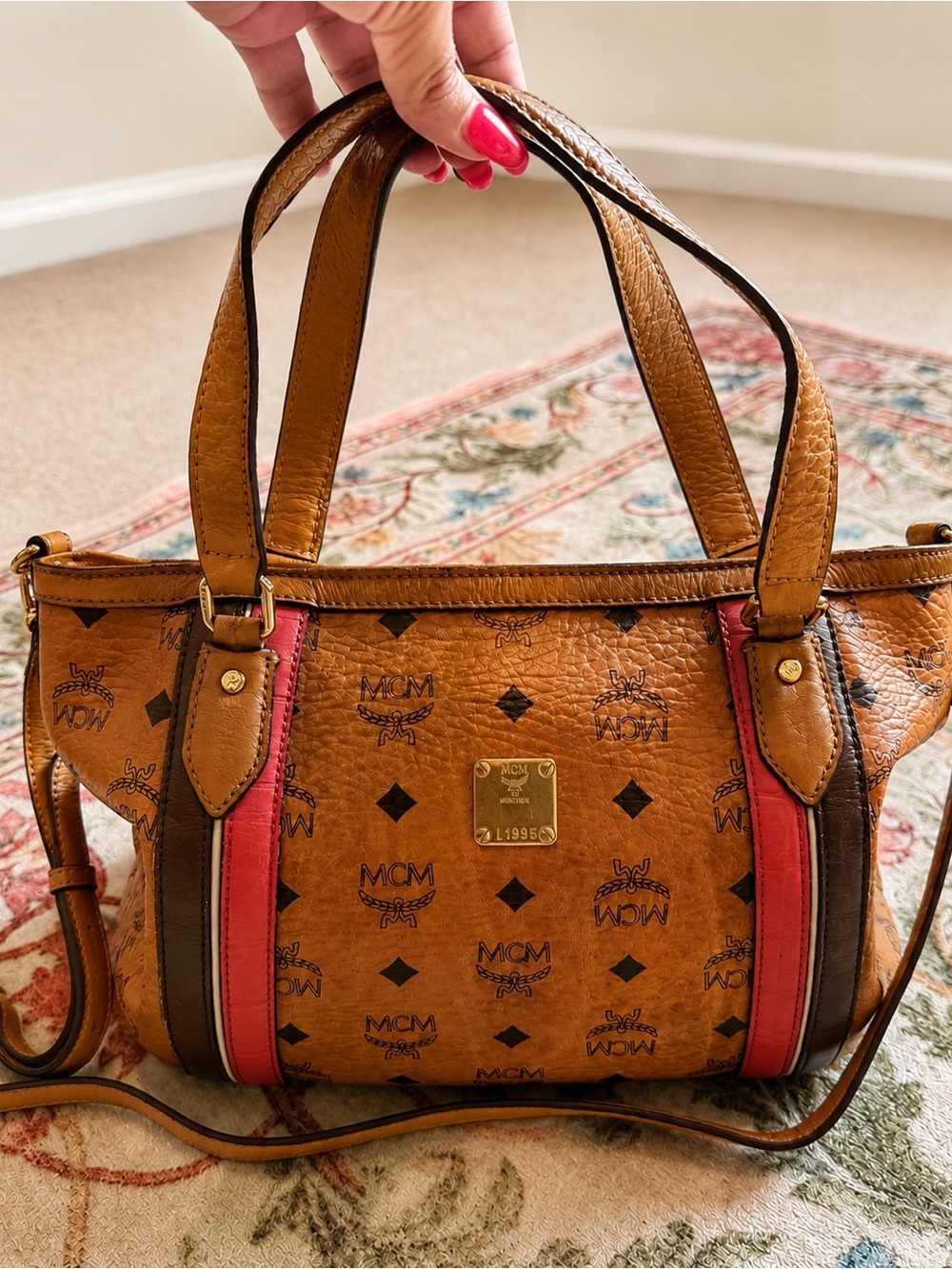 MCM Cognac Visetos Barrel Bag with Pink  & Brown Accents